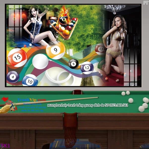 Tranh tráng gương trang trí quán bida billiards bi a cô gái gợi cảm TK1